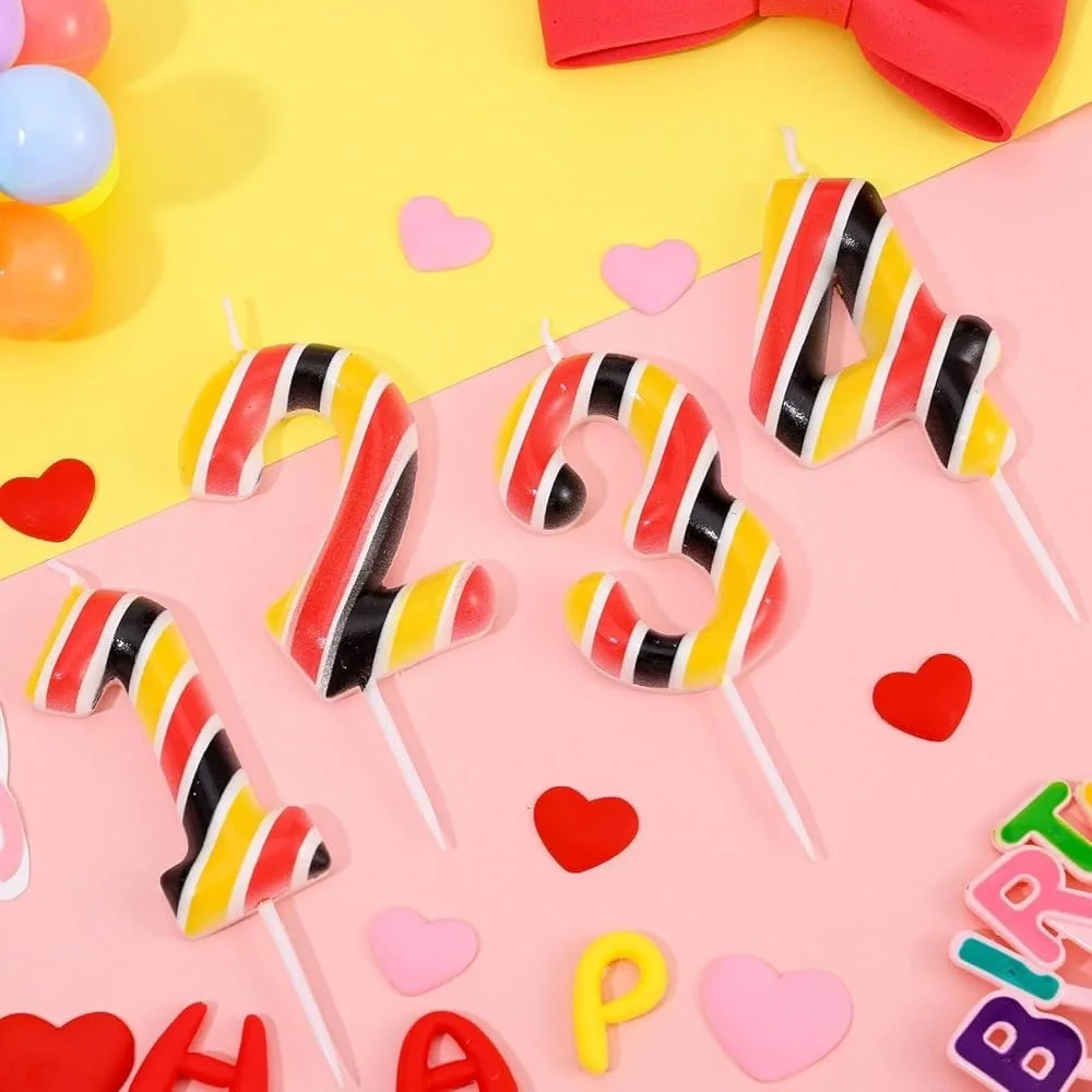 Striped Number 3 Birthday Party Candle Cake Topper - Red, Yellow, and Black